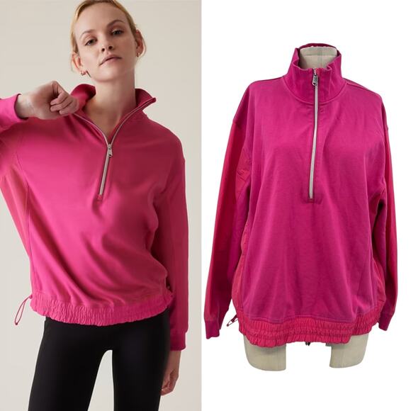 Athleta Triumph Hybrid Half Zip Sweatshirt Top Cinched Pink Size Large - Picture 1 of 11